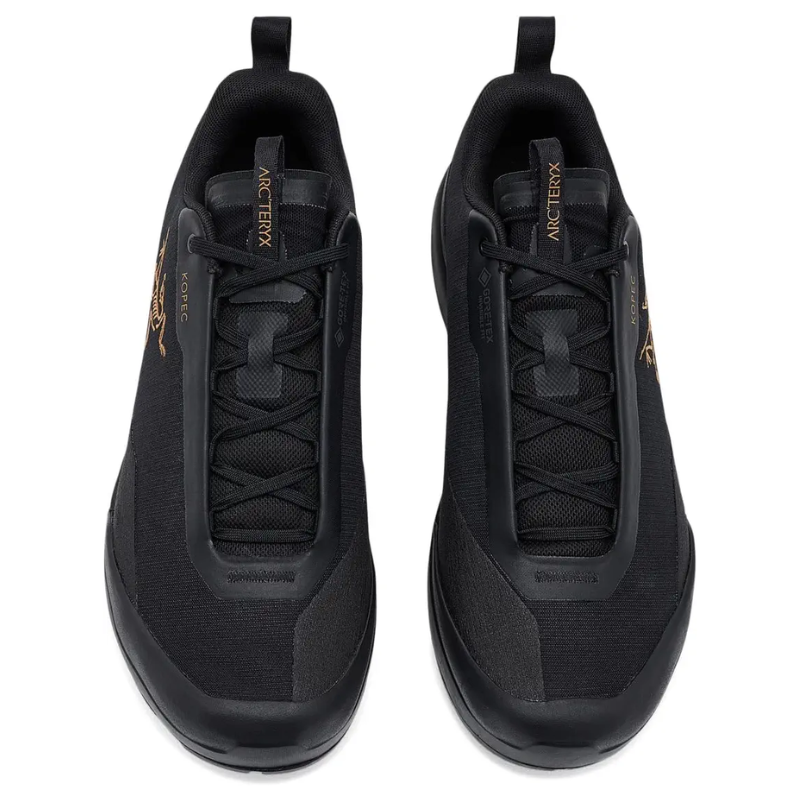A pair of black Arc'teryx GORE-TEX trail running shoes shown from a top-down view on a plain white background.