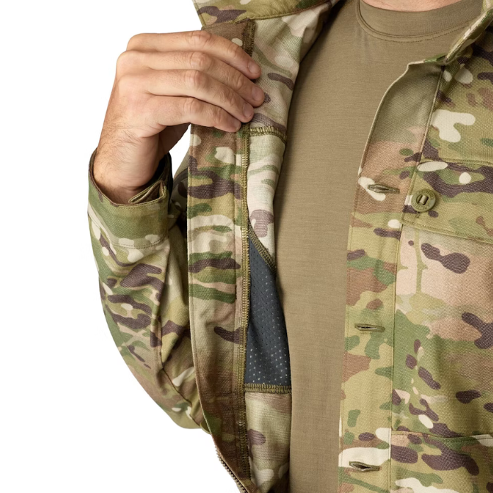 Detail view of Arc'teryx LEAF Recce Shirt LT in MultiCam showing interior mesh ventilation and front button closure system for breathability and tactical function