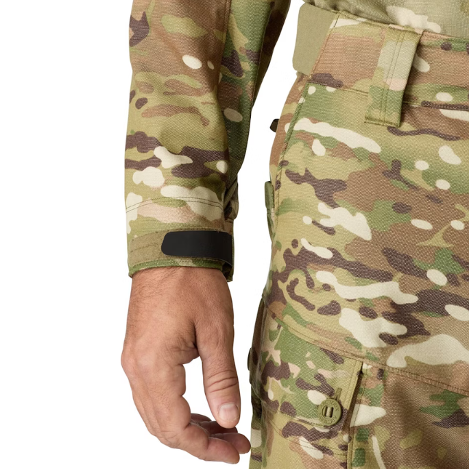 Close-up of Arc'teryx LEAF Recce Shirt LT in MultiCam showing sleeve cuffs with adjustable tabs for fit and tactical sleeve control