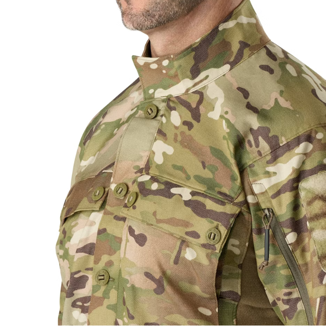 Detailed front view of the Arc'teryx LEAF Recce Shirt LT in MultiCam showing structured collar and mission-ready chest pockets for gear and comms access