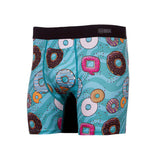Battle Briefs with multicolored donut pattern on soft blue background - angled view