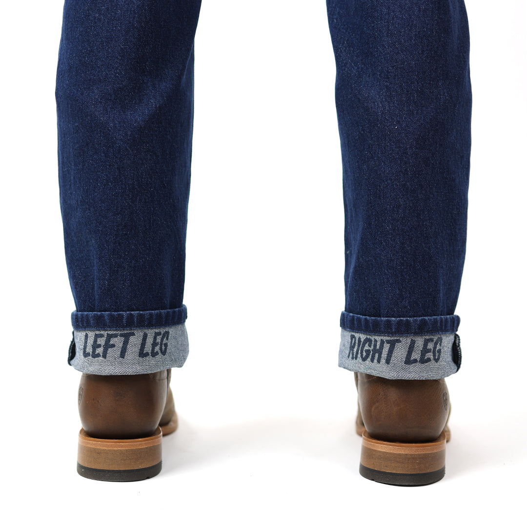Blue jeans with 'LEFT LEG' and 'RIGHT LEG' labels on a white background