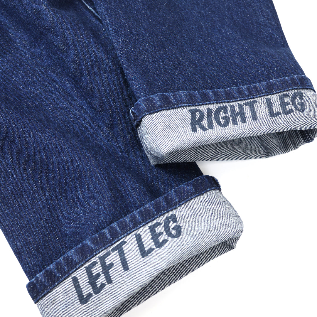 Close-up of blue denim fabric with 'Right Leg' and 'Left Leg' labels on a white background