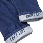Close-up of blue denim fabric with 'Right Leg' and 'Left Leg' labels on a white background