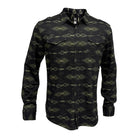 A long-sleeve button-up shirt with a dark aztec pattern in black and olive green, featuring two chest pockets and a pointed collar, shown against a plain white background.