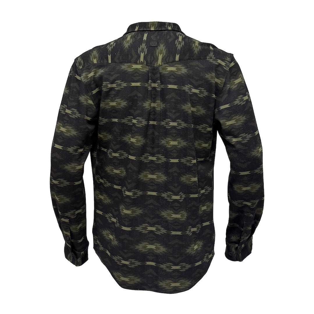 A long-sleeve button-up shirt shown from the back, featuring a dark aztec pattern with olive green and black tones.