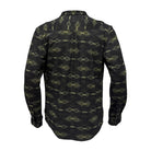 A long-sleeve button-up shirt shown from the back, featuring a dark aztec pattern with olive green and black tones.