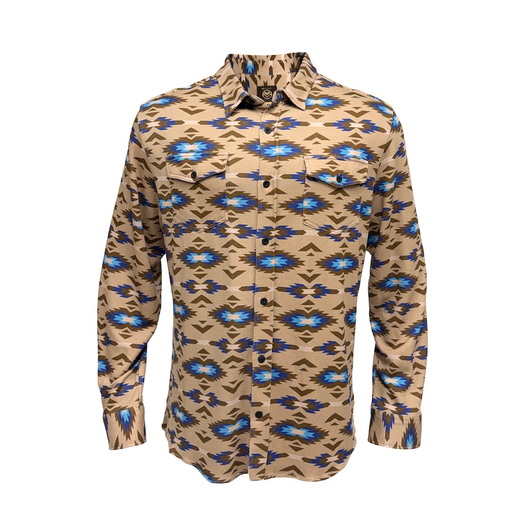 A long-sleeve button-up shirt with a tan base and a Southwestern geometric pattern in blue, brown, and black, displayed on a white background.