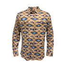 A long-sleeve button-up shirt with a tan base and a Southwestern geometric pattern in blue, brown, and black, displayed on a white background.