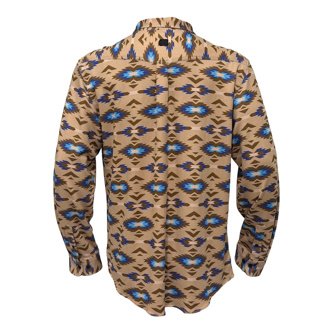 A long-sleeve button-up shirt shown from the back, featuring a tan base with a repeating Southwestern-style geometric pattern in blue, brown, and black.