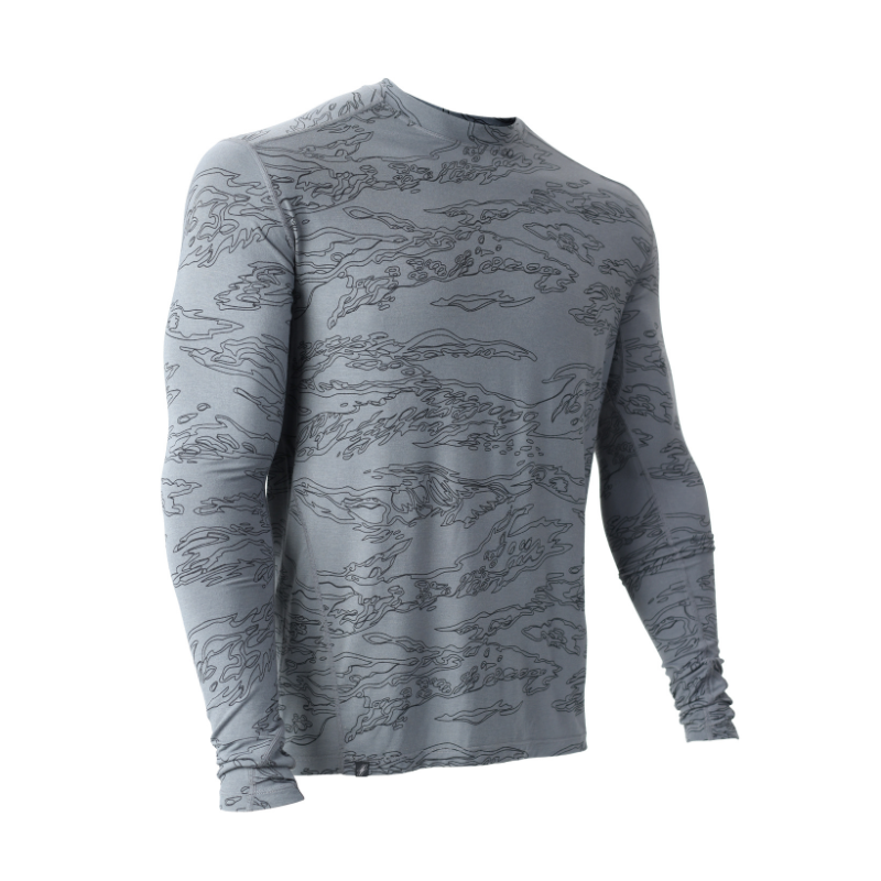 Gray long-sleeve shirt with a subtle tiger stripe pattern on a white background