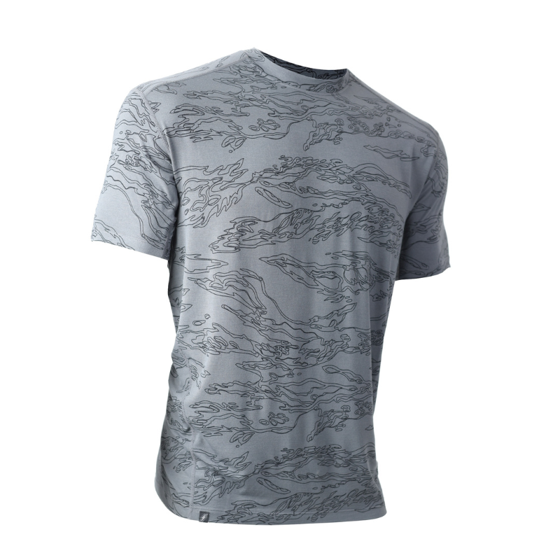 Gray t-shirt with a tiger stripe camouflage pattern on a white background