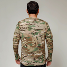 Rear view of long sleeve MultiCam range shirt highlighting comfort-focused design and flatlock stitching for zero chafe during tactical training or extended wear