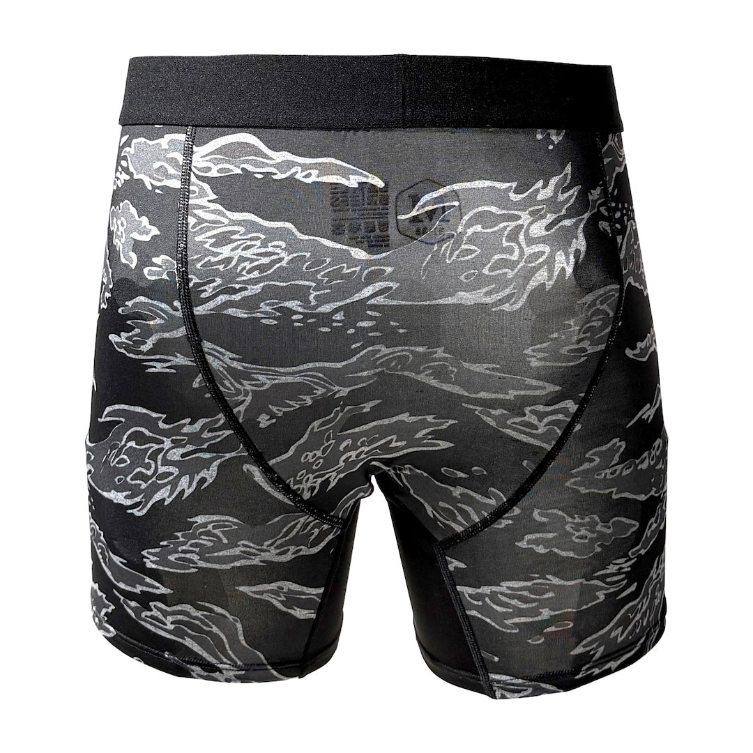 Rear view of Battle Briefs Core Performance Boxer Briefs in Black Tiger Stripe showing the full-coverage athletic design and plush elastic waistband.