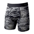 Front view of Battle Briefs Core Performance Boxer Briefs in Black Tiger Stripe featuring a black and gray tiger stripe pattern, no-ride fit, and quick-drying performance fabric.