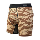 Front view of Battle Briefs Core Performance Boxer Briefs in Desert Tiger Stripe featuring a desert camouflage pattern, athletic fit, and moisture-wicking performance fabric.