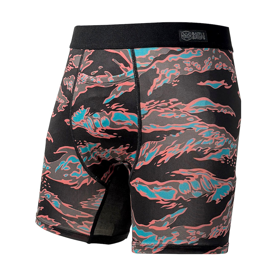 Front view of Battle Briefs Core Performance Boxer Briefs in Miami Tiger Stripe featuring a colorful tiger stripe camouflage pattern, athletic cut, and performance stretch fabric.