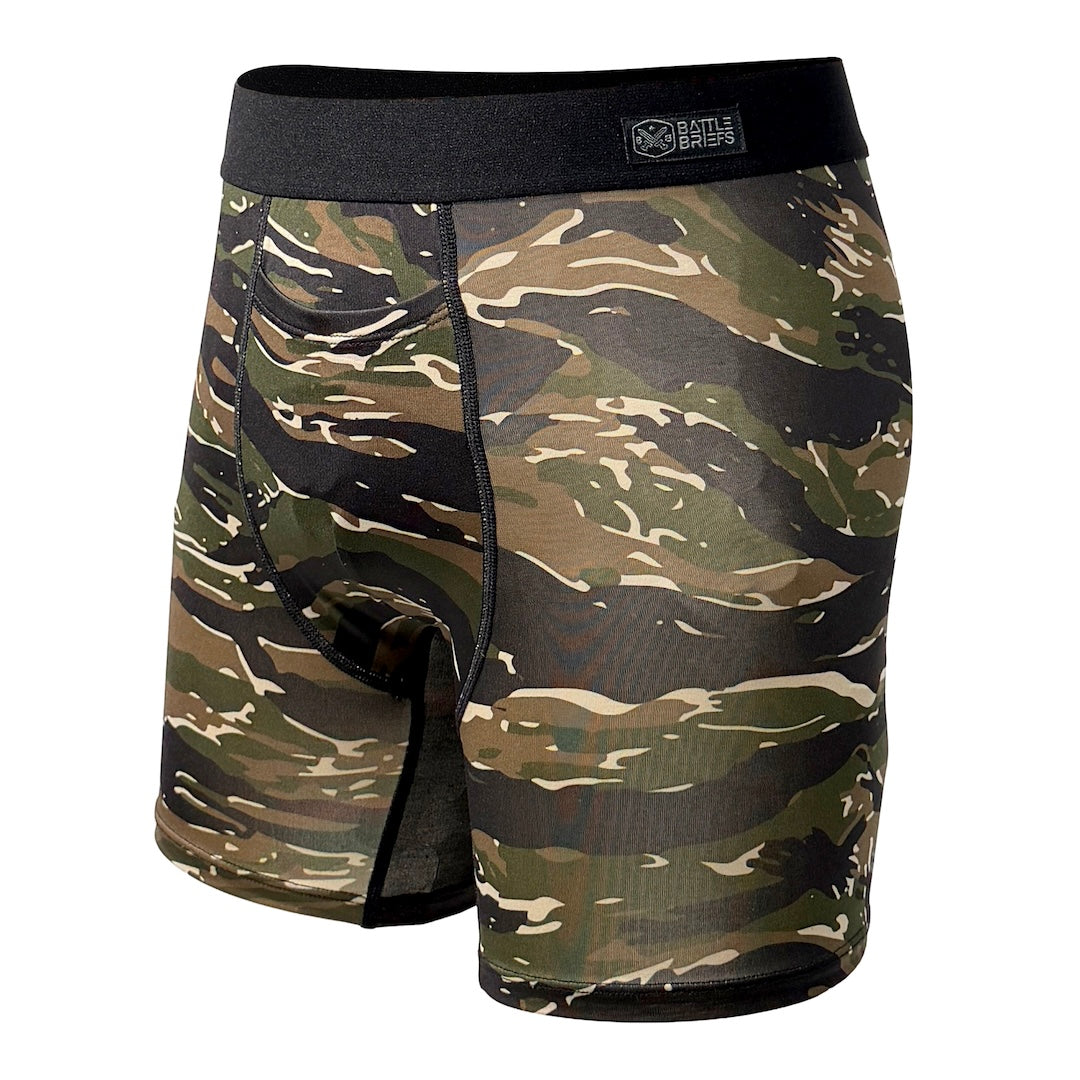 Front view of Battle Briefs Core Performance Boxer Briefs in OV Tiger Stripe featuring a no-ride athletic fit, plush waistband, and moisture-wicking performance fabric.
