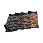 Battle Briefs Core Performance Boxer Briefs displayed in Black Tiger Stripe, OV Tiger Stripe, Miami Tiger Stripe, and Desert Tiger Stripe colorways.