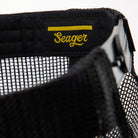 Close-up of a black mesh hat with 'Seager' logo in yellow on a white background