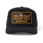 Black cap with gold embroidered Seager logo and text on a white background