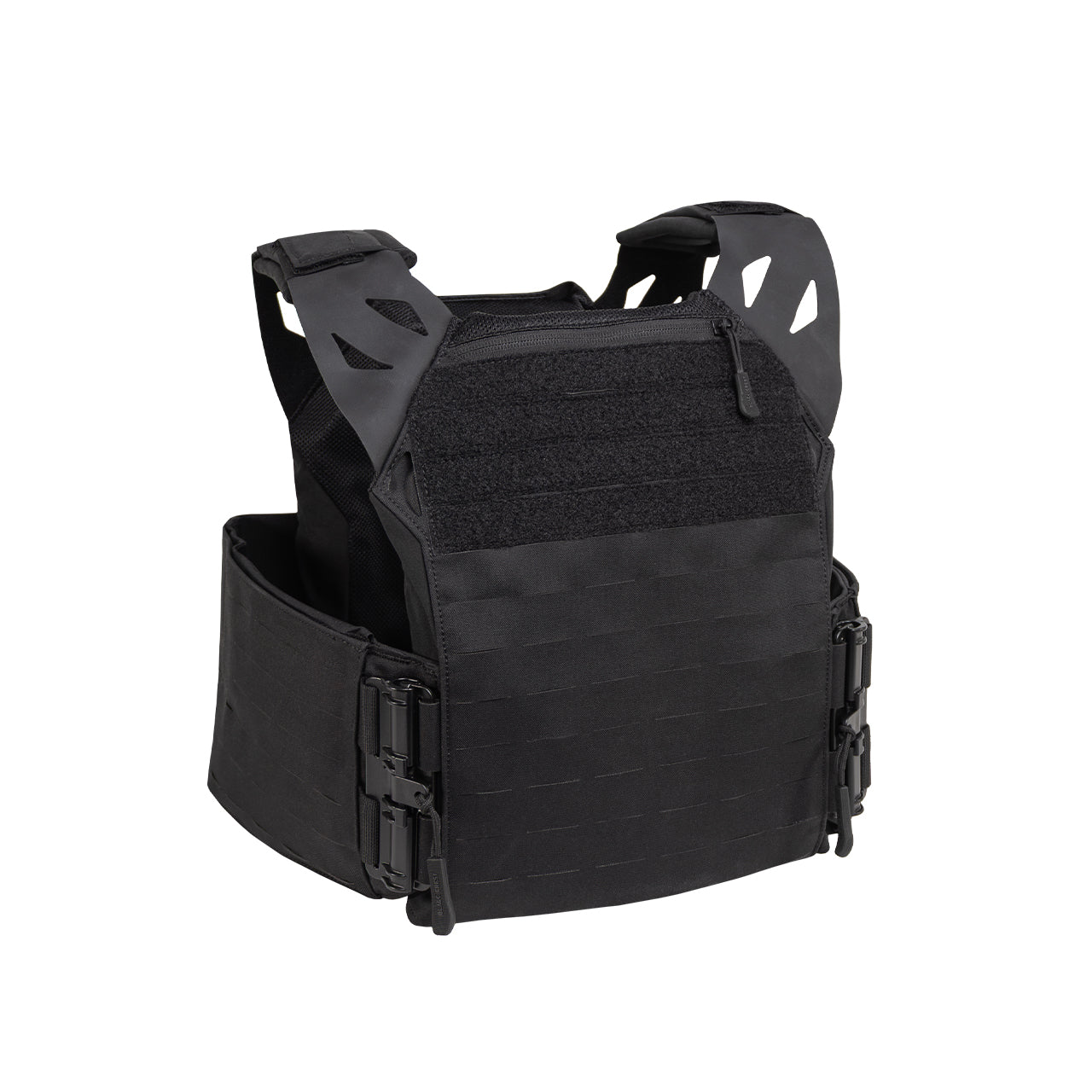 Three-quarter view of the Black Crest Enforcer Plate Carrier in Black, highlighting the LaserCut laminate panels, FirstSpear Tubes fast-release system, and contoured low-profile shoulders. Shows the streamlined OSFM chassis and included cummerbund designed for secure fit, mobility, and durability during training, range work, and tactical gear setups.