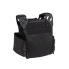 Three-quarter view of the Black Crest Enforcer Plate Carrier in Black, highlighting the LaserCut laminate panels, FirstSpear Tubes fast-release system, and contoured low-profile shoulders. Shows the streamlined OSFM chassis and included cummerbund designed for secure fit, mobility, and durability during training, range work, and tactical gear setups.