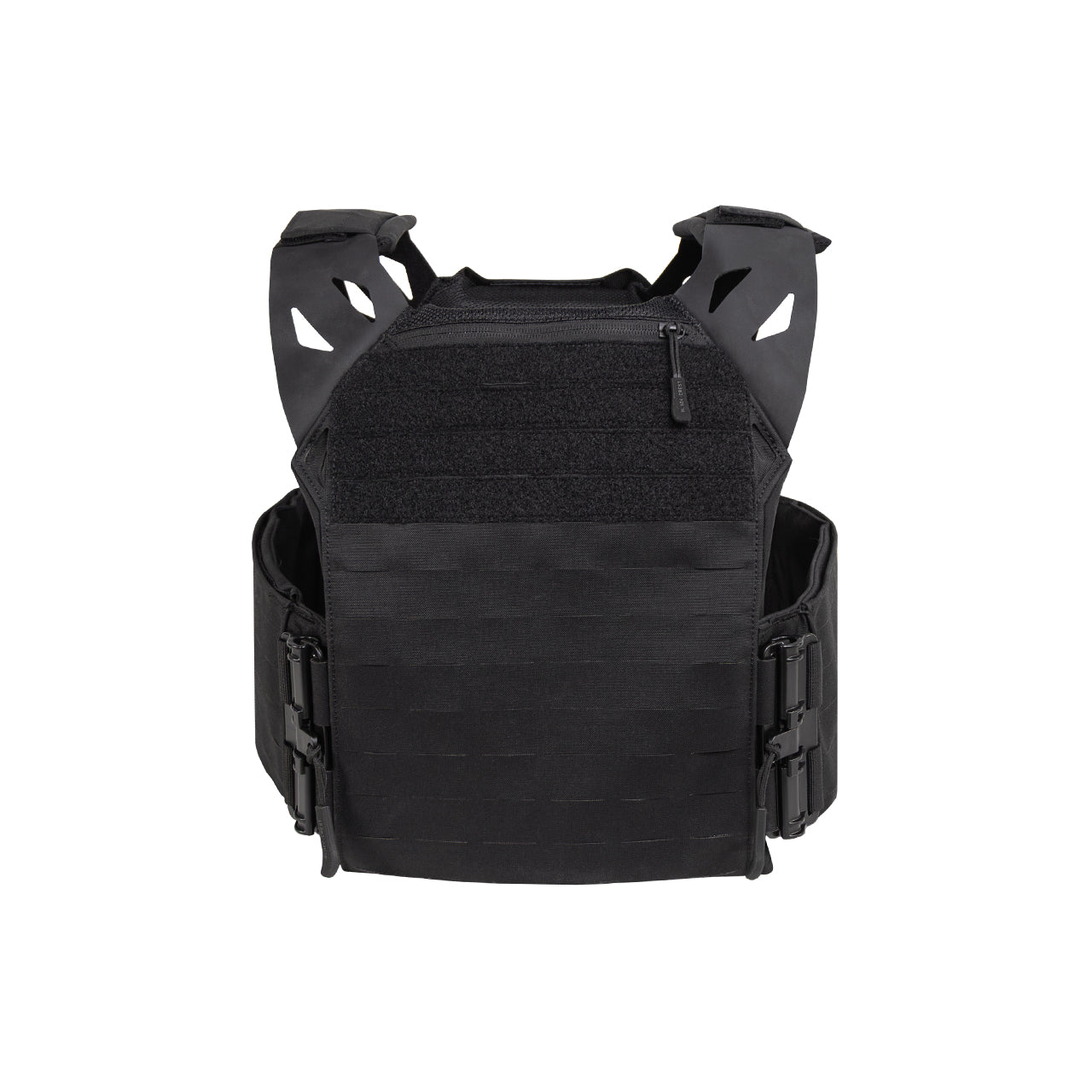 Front view of the Black Crest Enforcer Plate Carrier in Black showing the clean LaserCut paneling, FirstSpear Tubes quick-release system, and contoured shoulder design. Highlights the low-profile, lightweight construction and OSFM chassis built for mobility, stability, and all-day comfort during training, range sessions, or tactical loadout setups.