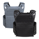 Side-by-side image of the Black Crest Enforcer Plate Carrier in both Black and Grey, highlighting the LaserCut construction, FirstSpear Tubes quick-release system, and streamlined OSFM chassis. Displays the full colorway options and the carrier’s low-profile shoulders, included cummerbund, and modern lightweight design for users comparing tactical plate carrier choices for training, range use, or professional loadouts.
