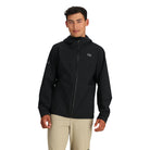Front view of the black Outdoor Research Stratoburst Stretch Rain Jacket worn by model, showcasing lightweight waterproof tactical rain shell ideal for movement in harsh weather