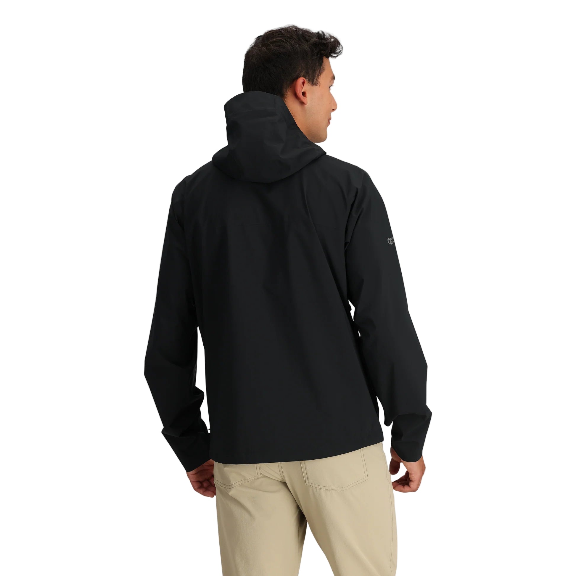 Back view of the black Outdoor Research Stratoburst Stretch Rain Jacket highlighting adjustable hood, streamlined fit, and lightweight waterproof protection for tactical wear