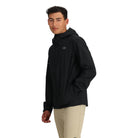 Three-quarter view of the black Outdoor Research Stratoburst Stretch Rain Jacket showing sleek pocket placement, articulated fit, and tactical-grade waterproof design