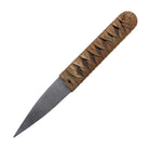 the back side of a tactical G10 tool with a textured black point and a handle wrapped in brown paracord, shown diagonally on a solid white background.