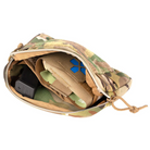 Multicam Blue Force Gear Admin Pouch unzipped showing internal elastic slots holding tactical gear like multitools, pens, and a field notebook