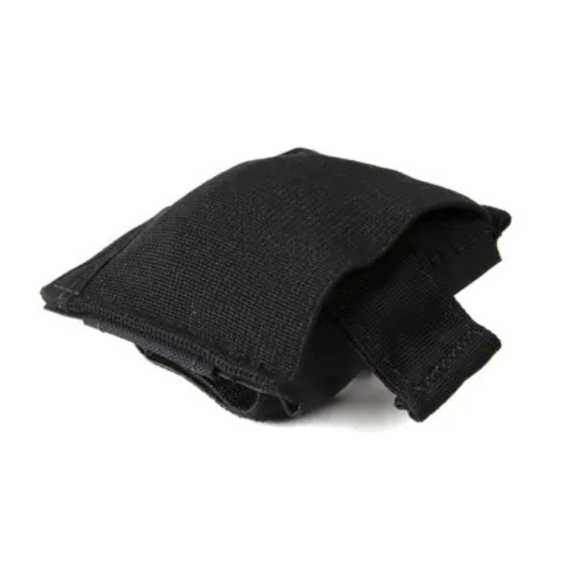 Black dump pouch by Blue Force Gear in stowed and open positions for tactical gear loadouts