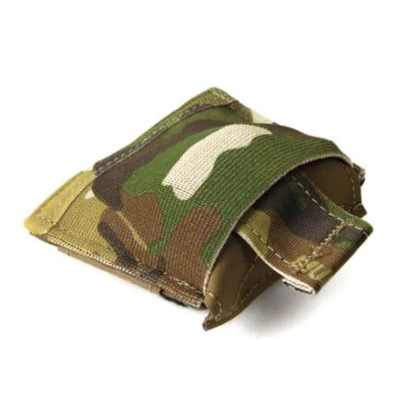 Blue Force Gear Belt Mounted Dump Pouch in MultiCam featuring a compact foldable design for carrying magazines and mission-essential gear on a duty belt.