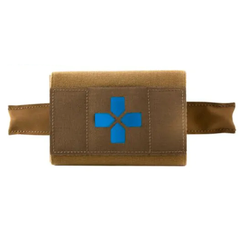 Blue Force Gear Micro Trauma Kit NOW! (Micro TKN) in Coyote Brown, a compact tactical IFAK pouch for military, law enforcement, and range use. Features Ten-Speed® outer pouch, BLIP pull tabs, and removable insert for rapid one-handed access.