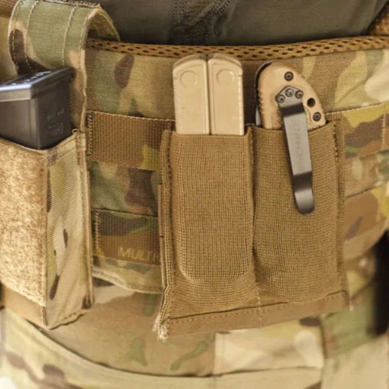 Blue Force Gear Ten-Speed® Double Pistol Mag Pouch mounted on plate carrier MOLLE | Secure Helium Whisper® attachment for low-profile, fast mag access in a tactical loadout