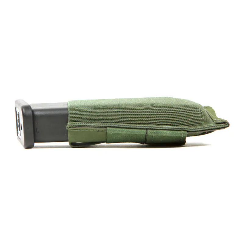 Blue Force Gear Ten-Speed® Single Pistol Mag Pouch in Ranger Green shown on its side with magazine inserted | Low-profile MOLLE pouch for tactical carry