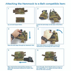 Instructional graphic illustrating proper attachment and integration of the Blue Force Gear The Hammock with MOLLE-based tactical gear systems.
