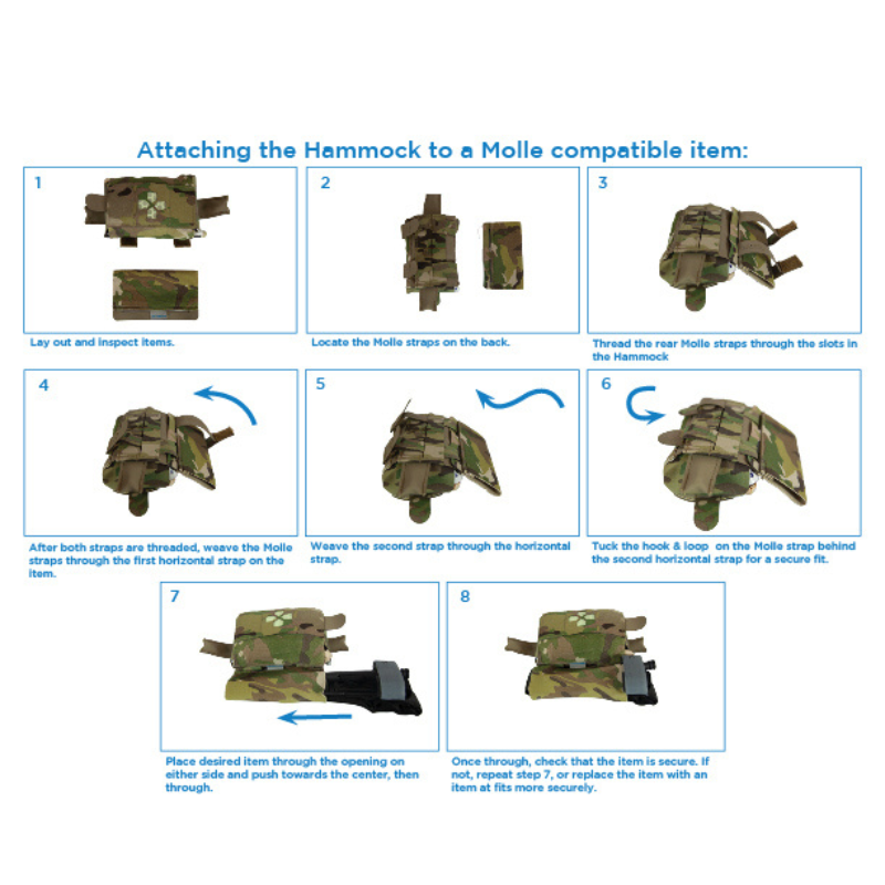 Blue Force Gear The Hammock installation diagram showing how the tourniquet carrier mounts beneath compatible MOLLE pouches and medical kits.