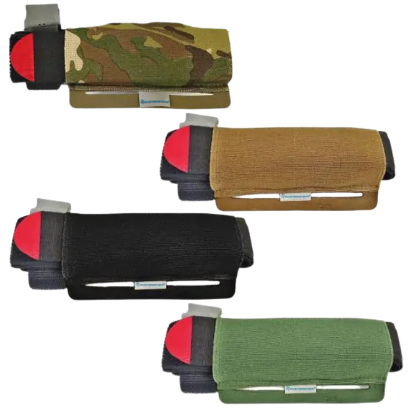 Blue Force Gear The Hammock tourniquet holder shown in multiple colorways, designed to mount beneath MOLLE pouches for secure CAT and SOF-T tourniquet storage.