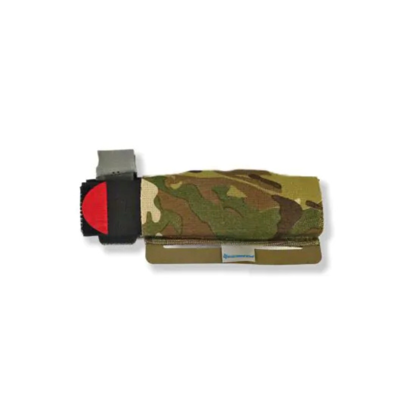 MultiCam Blue Force Gear The Hammock designed to carry a tourniquet beneath compatible MOLLE pouches for rapid medical access.