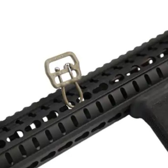 Blue Force Gear ULoop installed through a rifle handguard mounting point, demonstrating its low-profile and versatile sling attachment capability.