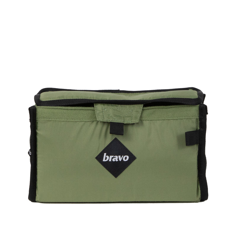 Front view of the Bravo Co Buffer Block I camera insert in Drab showing the Tyvek identification patch and compact rectangular design.