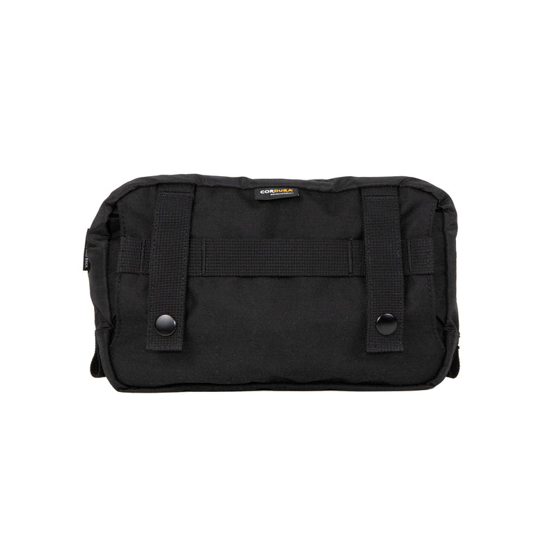 Back view of the Bravo Co Quarter Block 1 pouch in Ripstop/Black with hideaway strap removed, highlighting MOLLE-compatible panel for mounting to packs, belts, or rigs. Compact 2L modular pouch built with 210D ripstop and 500D Cordura® for tactical durability and EDC versatility.