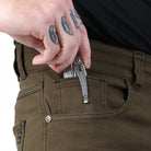 Close-up detail of the Carlos Ray V3 Tactical Pants in Ranger Green Slim Fit, showcasing the reinforced front EDC knife pocket with strengthened opening designed to prevent wear and support daily carry tools. Built from durable 4-way stretch twill. Also available in Regular Fit for alternate fit preferences.