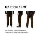 Slide explaining the Regular Fit of the TD Carlos Ray V3 Tactical Pants, showcasing the slightly relaxed leg shape, larger ankle opening, and classic tactical mobility ideal for everyday carry and range use. Highlights the upgraded 4-way stretch twill, articulated knees, gusseted crotch, and reinforced pockets that make these some of the best tactical pants for users who prefer a traditional fit with full EDC functionality.