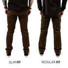 Side-by-side back view comparison of the TD Carlos Ray V3 Tactical Pants in Slim Fit and Regular Fit, highlighting the redesigned rear pocket layout, reinforced stitching, dyed-to-match loop patch, and hidden handcuff key pocket placement. Shows the difference in taper and seat shape between fits, helping shoppers choose the best tactical pants for EDC comfort, mobility, and everyday performance.