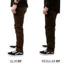 Side-by-side comparison graphic of the TD Carlos Ray V3 Tactical Pants in Slim Fit and Regular Fit, showing the tapered slim leg versus the more relaxed regular cut. Highlights articulated knees, gusseted crotch, reinforced pockets, and 4-way stretch twill fabric to help shoppers choose the best tactical pant fit for mobility, EDC carry, and everyday performance.